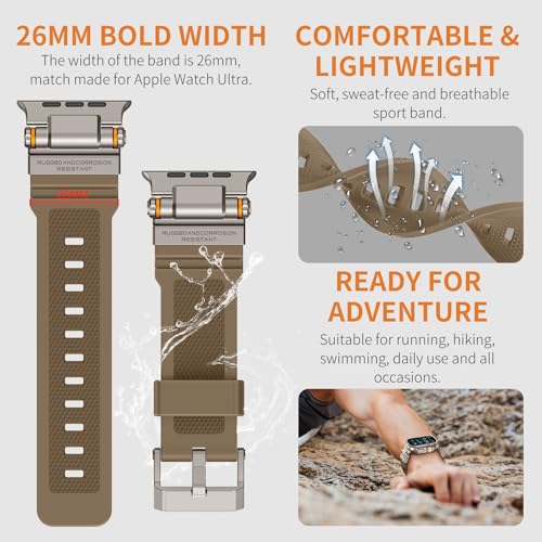 Image of FOAMUNOC Rugged Band Compatible with Apple Watch Ultra 3 /2 /1 Band 49mm /46mm /45mm /44mm /42mm, Metal Connector with Strap for iWatch Ultra Series 11 /10 /9 /8 /7 /6 /SE3 /SE2 /SE /5 /4 /3 /2 /1, Desert Tan /Titanium