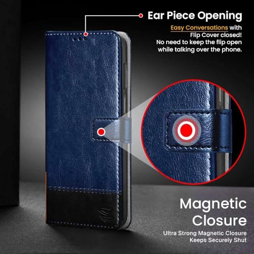 Image of FLIPPED Vegan Leather Flip Case Back Cover for Samsung Galaxy M17 5G | A17 5G | F17 5G (Flexible, Shock Proof | Hand Stitched Leather Finish | Card Pockets Wallet & Stand | Blue with Black)