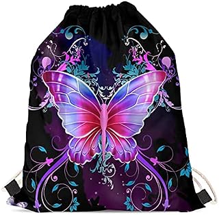 Showudesigns Butterfly Drawstring Bag Swimming Bags for Girls Kids Drawstring Backpack PE Sport Cinch Sack String Bag School Beach Travel Pouch Purple
