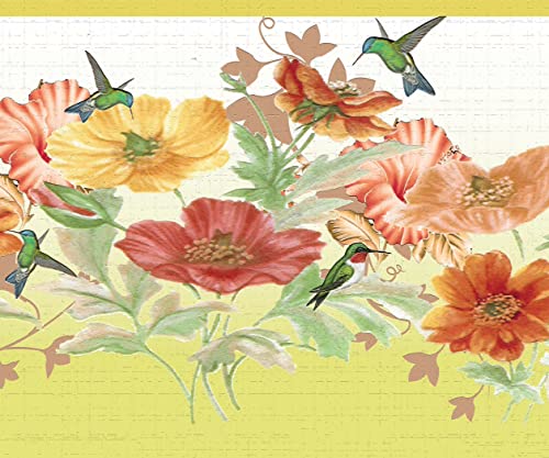 Dundee Deco DDAZBD9019 Frise de papier peint autocollant – Motif floral orange, rose, fleurs jaunes, colibri, design rétro, 4,57 m x 17,78 cm, autocollant