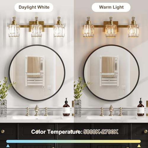 Image of GarveeTech Bathroom Vanity Light Fixtures Modern Crystal Vanity Light Fixtures Over Mirror, Modern Crystal Wall Lighting with Square Shade(Black) (Gold, 3 Lights)