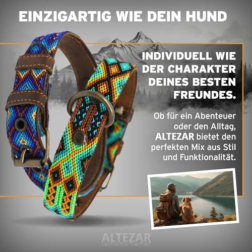ALTEZAR Hundehalsband Leder - braunes Rindsleder Tribal Farbenrausch durchgehend Bestickt bunt - Handgemacht in Mexiko Lederhalsband Hund - Größe S - für kleine Hunde