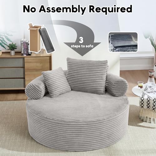 Image of Oversized Round Chair Lounge Chaise Indoor, 55.5 inch Upholstered Corduroy Deep Seat Single Cloud Sofa Chair, Fluffy Modern Large Circle Boneless Sleeper Sofa for Living Room, Bedroom, Light Grey