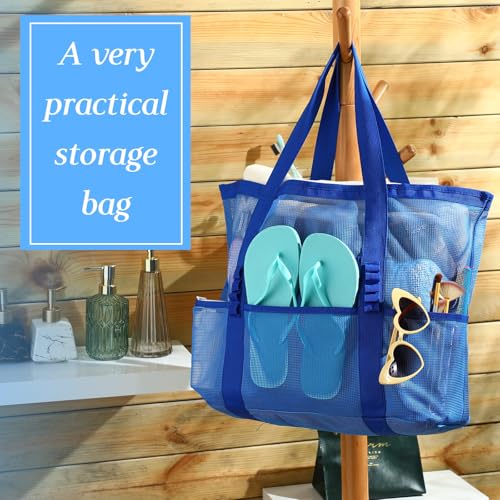Hillban Large Mesh Beach Bag Tote Waterproof Lightweight Summer for Pool Travel Market Outdoor Camping(Deep Blue,9 Pcs)4