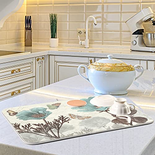 Aflyko Vintage Aqua Flower Butterfly Dish Drying Mat Microfiber Absorbent Drying Pad Heat Resistant Kitchen Island Protector For Spring Summer Housewarming Gift 18" × 24" #TOP4