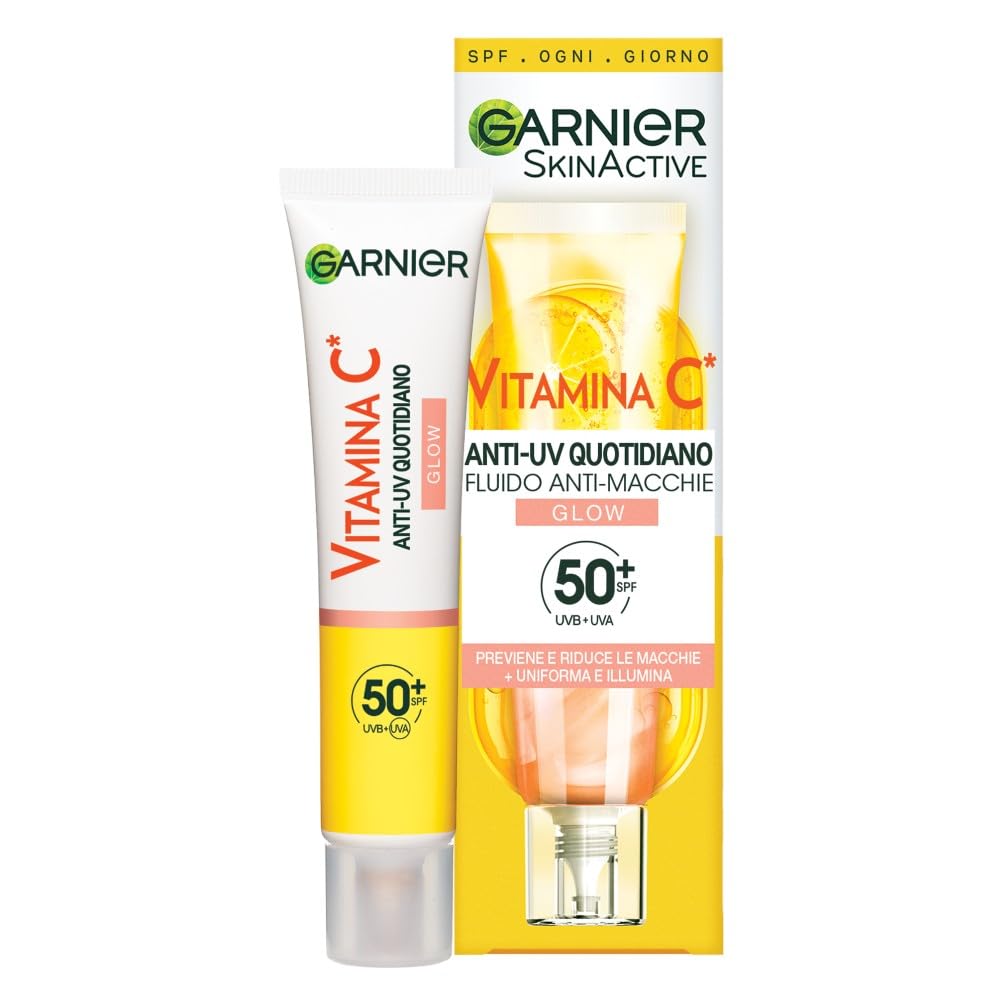 Garnier Fluido Anti-​UV Quotidiano Anti-​Macchie Glow, SPF 50+, Per Tutti i Tipi di Pelle, Arricchito con Vitamina C*, Protegge dai Raggi UV, Uniforma e Illumina, Daily UV Glow, 40 ml