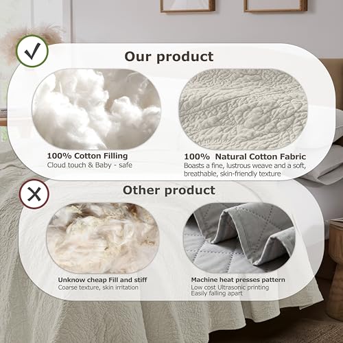 Image of palassio Beige Paisley 100% Cotton Quilt Queen Size Bedding Sets with 2 Pillow Shams, Boho Floral Lightweight Farmhouse Country Vintage Soft Bedspread Shabby Chic Coverlet for All Season, 3 Pieces