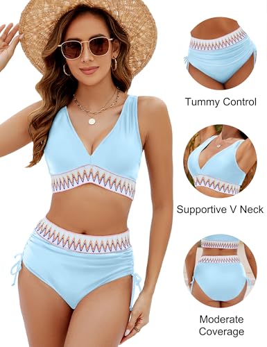 Image of Blooming Jelly Women High Waisted Bikini Sets Tummy Control Swimsuits Color Block Two Piece Drawstring Bathing Suit