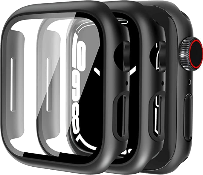 CLITZ Hard PC Case Compatible with Apple Watch Series 8 / Series 7 45mm with Tempered Glass, Full Coverage, Touch Sensitive, Ultra-Thin HD Bumper Protective Cover (Black, Pack of 2)