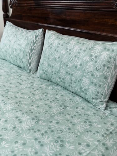 Image of Prasino Premium Hand Block Printed Bedsheet | Bed Sheet Flatsheet | Pure Cotton | Double Bed King Size 108 inchx108 inch | 300 TC Bedsheets | Includes 2 Pillow Covers | Floral Spread