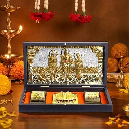 ZAARIYA Ram Darbar Frame/Pocket Temple I Gold Plated Decorative Photo Frame & Charan Paduka for Gifting, Home Decor and Pooja Mandir Decoration - 21 x 11 cm (Brown)