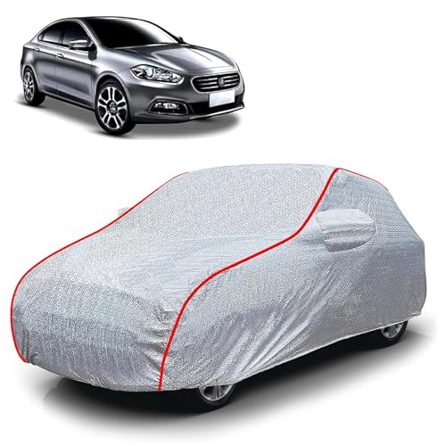 Image of Sulfar 100% Waterproof Car Body Cover Compatible with Mirror for Fiat Viaggio (Triple Stitched, Full Bottom Elastic, Magic Silver with Red Piping)