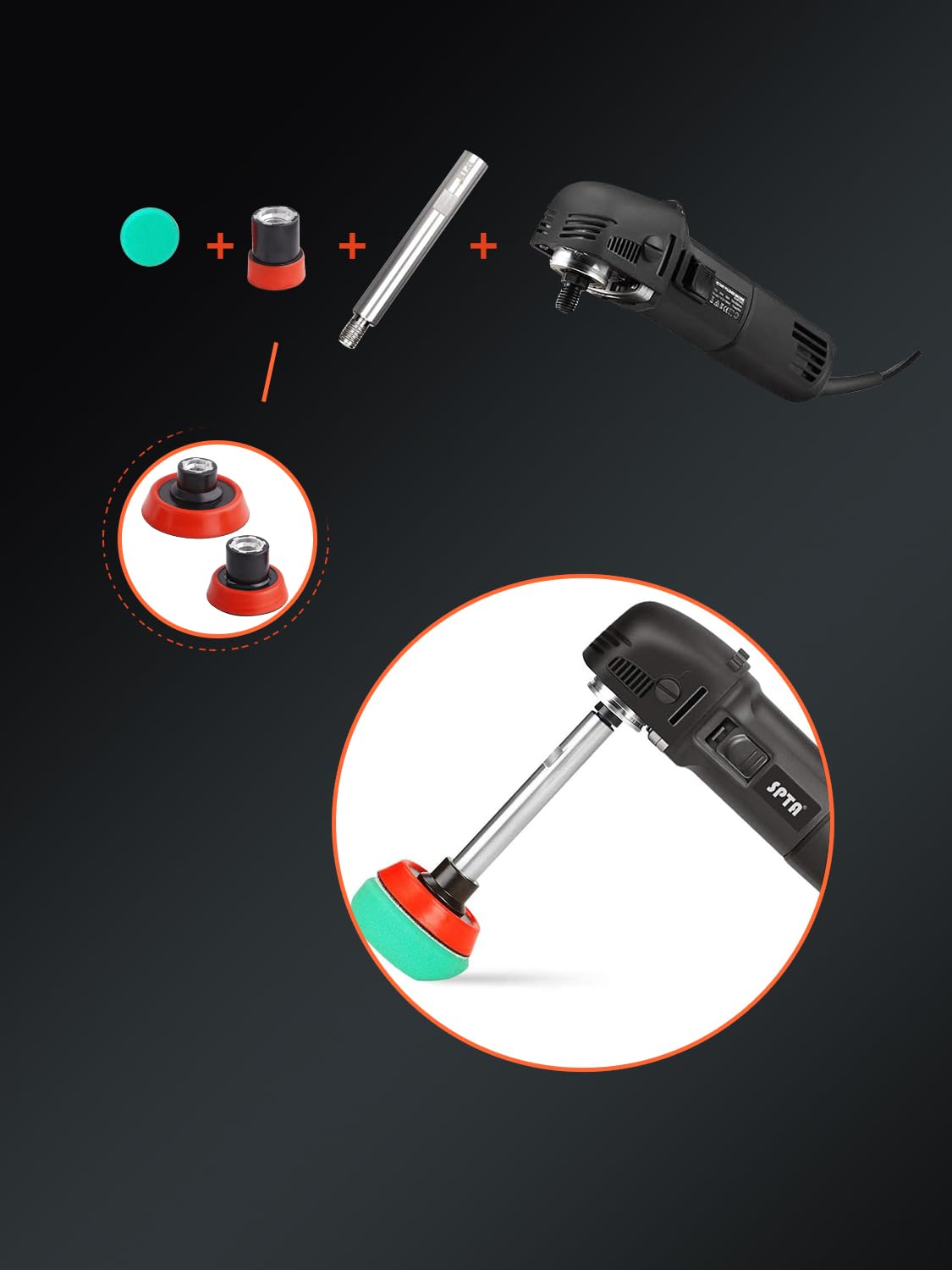 SPTA Mini Polishing Machine Buffer Rotary Polisher Auto Detailing Superpolish with 27Pcs Detail Polishing Pad Mix Size Kit Buffing Pad and 75mm ,100mm,140mm M14 Thread Extension shaft — Amazon image 6