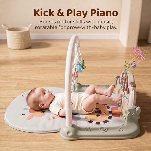 Image of Baybee 2 IN 1 Premium Play Gym for Babies I Baby Playing mat for Kids with Lights, Music & Hanging Toys I Portable Play Mat for New Born Baby with Growth Scale I Learning Baby Toys for 0 to 3 Year (Green)