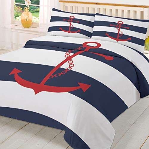 Nautical 3 Piece Bedding Set Comforter/Quilt Cover Set California King, Red Anchor Duvet Cover Set With 2 Pillow Shams For Teens/Adults/Toddler Blue And White Ripple #TOP2