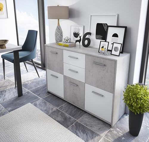 Arreditaly Mobile Contenitore Credenza Moderna Con 5 Ante E 2 Cassetti In Melaminico Mobile Multiuso Per Soggiorno Ingresso Studio Sala Da Pranzo 114 x 77 x 32 Cm Bianco E Grigio Cemento