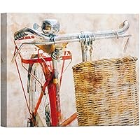 SIGNWIN Canvas Wall Art A Red Bike with a Basket Transportation Bicycles Watercolor Impressionism Romantics Closeup Urban Pastel for Living Room, Bedroom, Office - 12x18 inches
