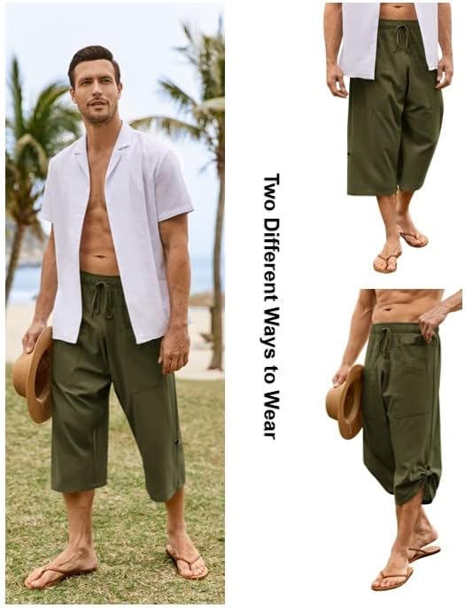 Gafeng Mens Linen Harem Capri Pants Drawstring 3/4 Shorts Casual Beach Yoga Hippie Thai Pants - Image 4
