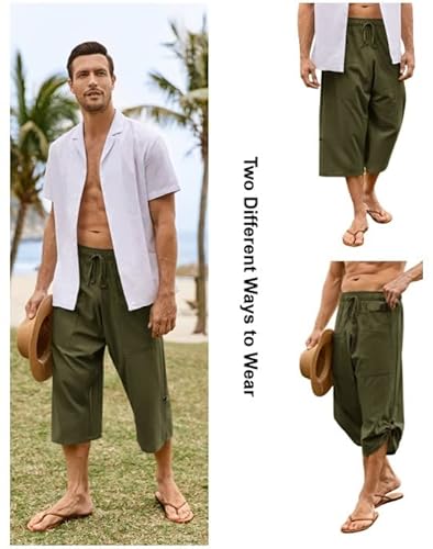 Gafeng Calça capri masculina para ioga, casual, cintura elástica, cordão, esportiva, algodão, linho,