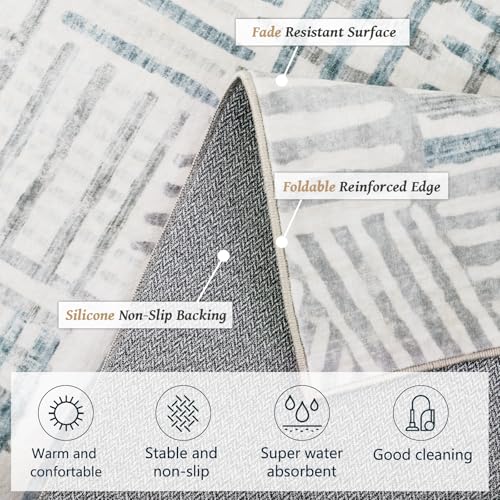 Image of Non-Slip Washable Entry Rug 2x3 Abstract Geometric Textured Brushstroke - Neutral Gray & Light Blue Modern Minimalist Hallway Runner Rug, Decorative Carpet for Living Room Bedroom Home Decor