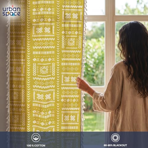 Image of Urban Space Boho Decorative Curtain for Window, 100% Cotton Curtain 5 Feet Long, 1 piece Curtain with Tassels, 60-65% Room Darkening with Tieback and Eyelets (Zahara Mustard Yellow, 5 Feet)