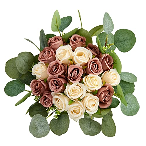 Uniklove Dusty Rose Artificial Flowers 24pcs Silk Rose Bouquets 10pcs Artificial Seeded Eucalyptus Leaves Stems for Wedding Bouquets Bridal Shower Arrangement Home Office Decor (Dusty Rose + Ivory)