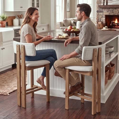 chairus Butaco Farmhouse Juego de 2 Sillas de Barra Modernas de 26” con Respaldo Acolchado Tapizado y Patas de Madera, Blanco miniatura 6