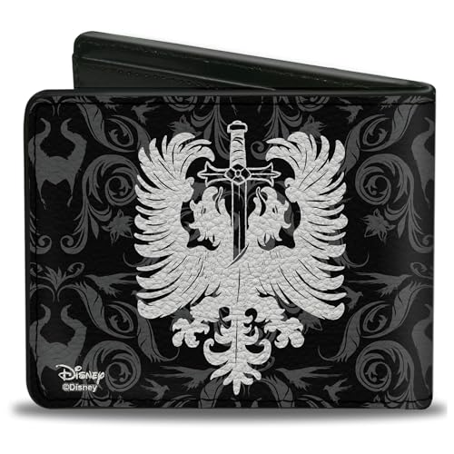 Buckle-Down Men's Disney Wallet, Bifold, Maleficent Face Sword Damask Black Gray White, Vegan Leather, 4.0" x 3.5"2