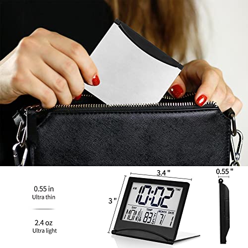 Image of Betus Digital Travel Alarm Clock - Foldable Calendar, Temperature & Timer with Snooze - Large Number Display, Battery Operated - Compact Desk Clock for Home & Office (Black)