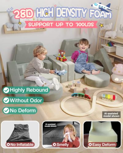 Image of YEFU 15pcs Modular Kids Play Couch,1000+ Imagination Creative Play | for kids ages 3+,7 shapes,countless configurations,30D high-density foam,fort building,washable cover, playroom,birthday gift