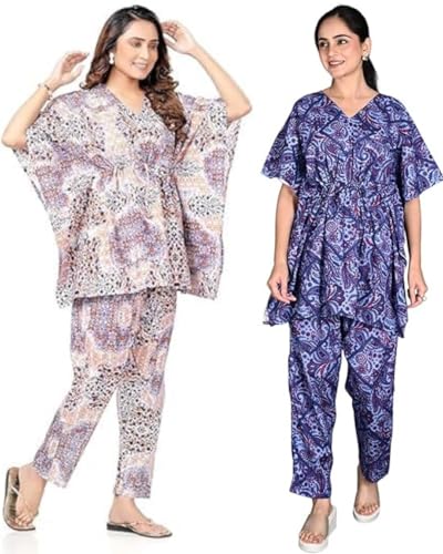 Image of Vlazom Women's 100% Cotton Printed Kaftan & Pyjama Set - Combo Pack of 2 | Free Size Nightwear with Pocket | Soft Cotton Loungewear Co-ord for Women