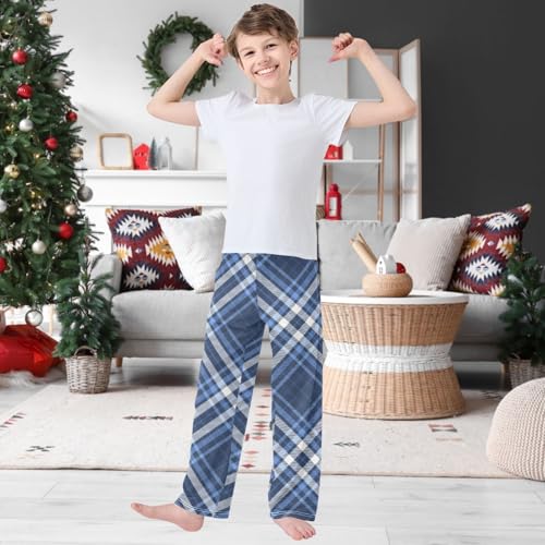 Boy's Pants Plaid Dark Navy Blue White Jogger Pants Elastic Waist Long Bottoms Trousers with Pockets 6-14 Years2