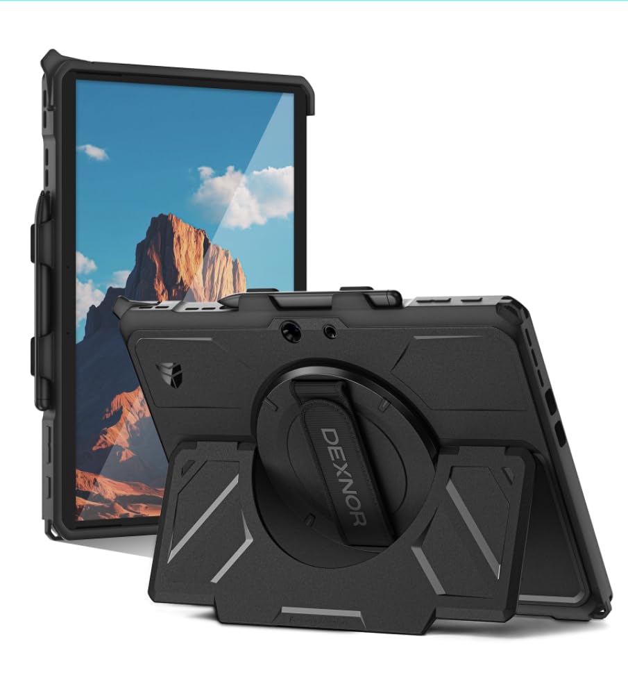 Dexnor for Microsoft Surface Pro 12th Edition/11/10/9 Case 13 inch 2026/2024/2022 Rugged Protective Case with 360 Rotating Hand Strap & Large Stand & Pen Holder Shockproof Cover Black