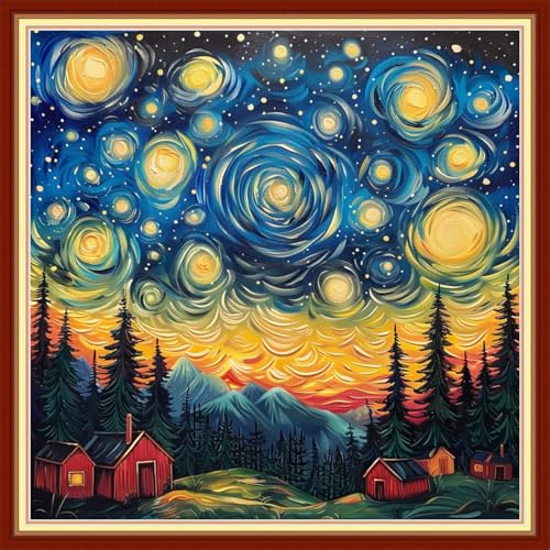 Image of Joyhoor Stamped Cross Stitch Kits for Beginners, Needlepoint Kits for Adults, 11CT Counted Embroidery Kits-Van Gogh Starry Sky 18x18 inchs