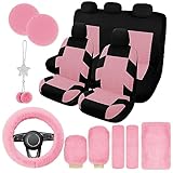 JINGSEN 17 Car Seat Cover Full Set for Women,Universal Car Seat Cover,Plush Steering Wheel Cover,Fluffy Soft Wool Handbrake Gear,Suspension Accessories Full SUV(Patterned Black