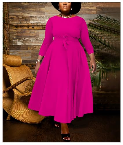 Image of Hostoyo Women Plus Size Formal A Line Maxi Dress Self Tie Waist with Pockets Elegant Round Neck Swing Long Dresses