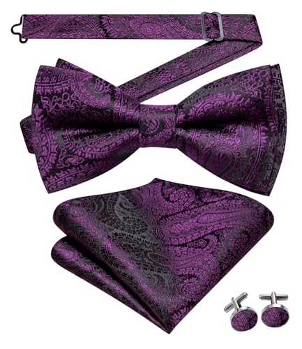 Image of Hi-Tie Bow Ties for Men Pre-Tied Pocket Square with Cufflinks Mens Bowtie Sets for Wedding Formal Party