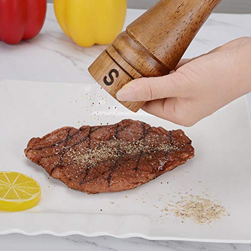 Image of Haomacro Salt and Pepper Mill Set, Wooden Salt and Pepper Grinders, Shakers with Ceramic Core- 8 Inches -Pack of 2