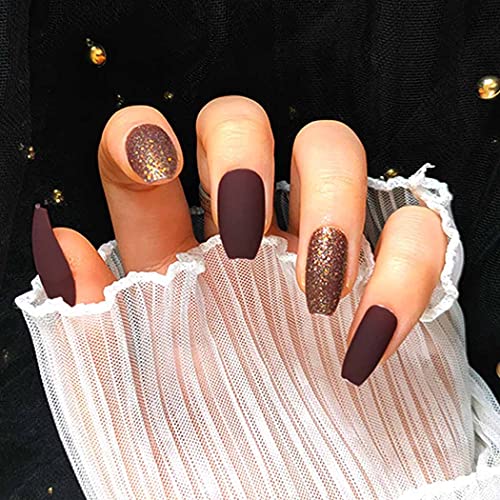 Aiyan Red Burgundy Press on Nails Short Coffin Ballerina Glitter Fake Nails Tips Matte Acrylic False Nails Full Cover In