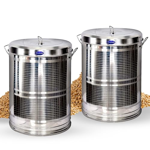 Image of Sharda Metals Stainless Steel Storage Container with Lid & Handle | Diwali Gifting 10kg Kitchen Drum for Wheat, Rice, Grains, Flour, Snacks | Aata Tanki /Dabba /Pawali - 12 Inch (Pack of 2)