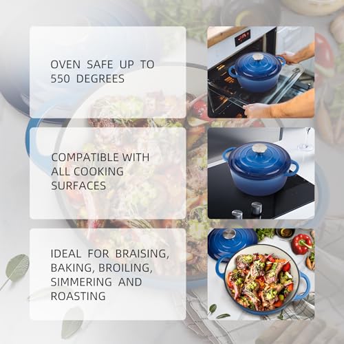 Image of 3 Quart Dutch Oven Enameled Cast Iron with Lid - Big Dual Handles - Oven Safe up to 500F - Classic Round Pot for Versatile Cooking Blue