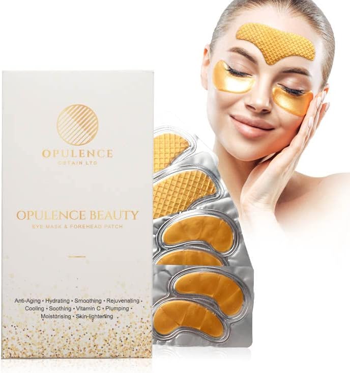 OpulenceBeauty24k GOLD Luxury Collagen Under Eye Patches and Anti-Wrinkle Forehead Pads. Targets Forehead Wrinkles, Frown Lines, Dark circles, Puffy Eyes and Under Eyes Bags. 20pc set.
