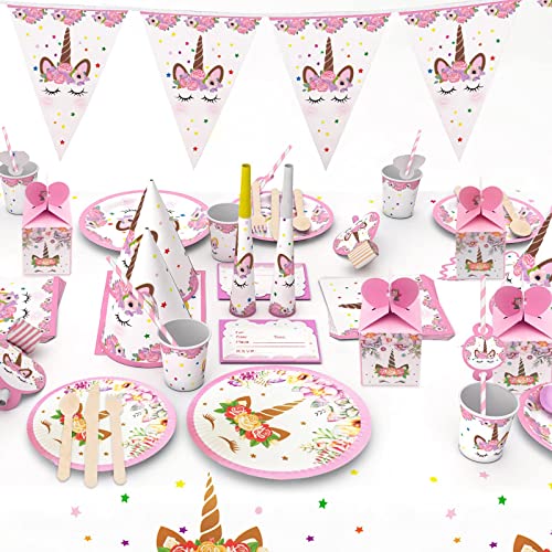 MAISITOO 145 pcs Vajilla de Unicornio Cumpleaños, Decoraciones Cumpleaños Unicornio Accesorio...