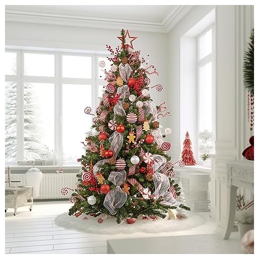 WBHome 7FT Pre-lit Artificial Christmas Tree with 400 Plug-in LED Lights and Ornaments Set Package, Peppermint & Gingerbread Themed Christmas Decorations