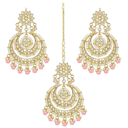 Image of Peora Traditional Jewellery Rhodium Kundan & Pearl Maang Tikka Earring Set for Women Girls