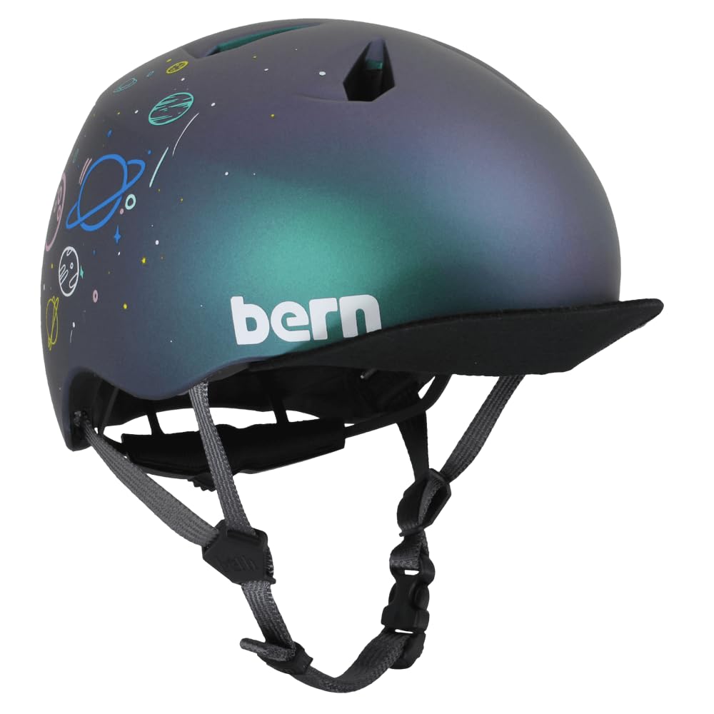 Bern Nino - Casco de bicicleta para niños de 3 a 12 años, visera abatible, ajuste ajustable, ligero, certificado de seguridad CPSC, salpicaduras espaciales metálicas, talla S/M