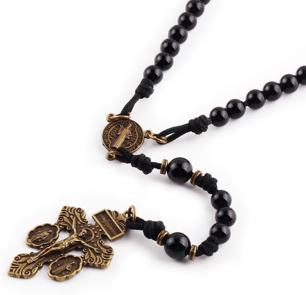 St. Benedict Black Onyx Stone Paracord Rosary – Antique Bronze Catholic Prayer Beads for Men & Women, Durable Handmade Necklace Gift - Image 4