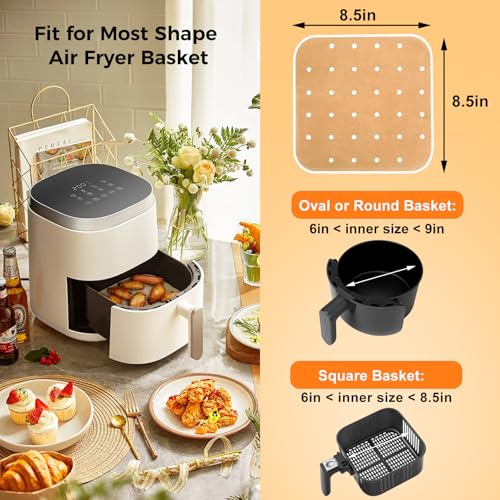 Image of Vailnd Air Fryer Liners Disposable, 100pcs 8.5In Square Parchment Paper Sheets Unbleached, Perforated Food Steamer Liner for 5-8 Qt Air Fryers Baking Cooking Oven