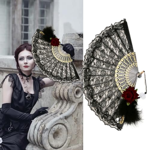 Generic Halloween Black Hand Fan Lace Rose Handheld Gothic Retro Flower Large Folding Fan for Halloween Party Cosplay Costume Photo Props, Halloween Gothic Fan Cosplay Decoration Supplies