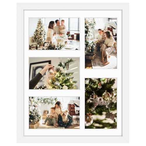 Golden State Art, 11x14 White Wood Frame with White Mat - Displays Five 4x6 Photos - Real Glass, Sawtooth Hangers, Swivel Tabs - Wall Mounting, Landscape, Portrait